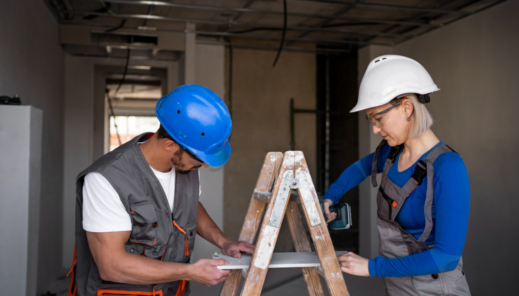 People working with a ladder, mid-shot view